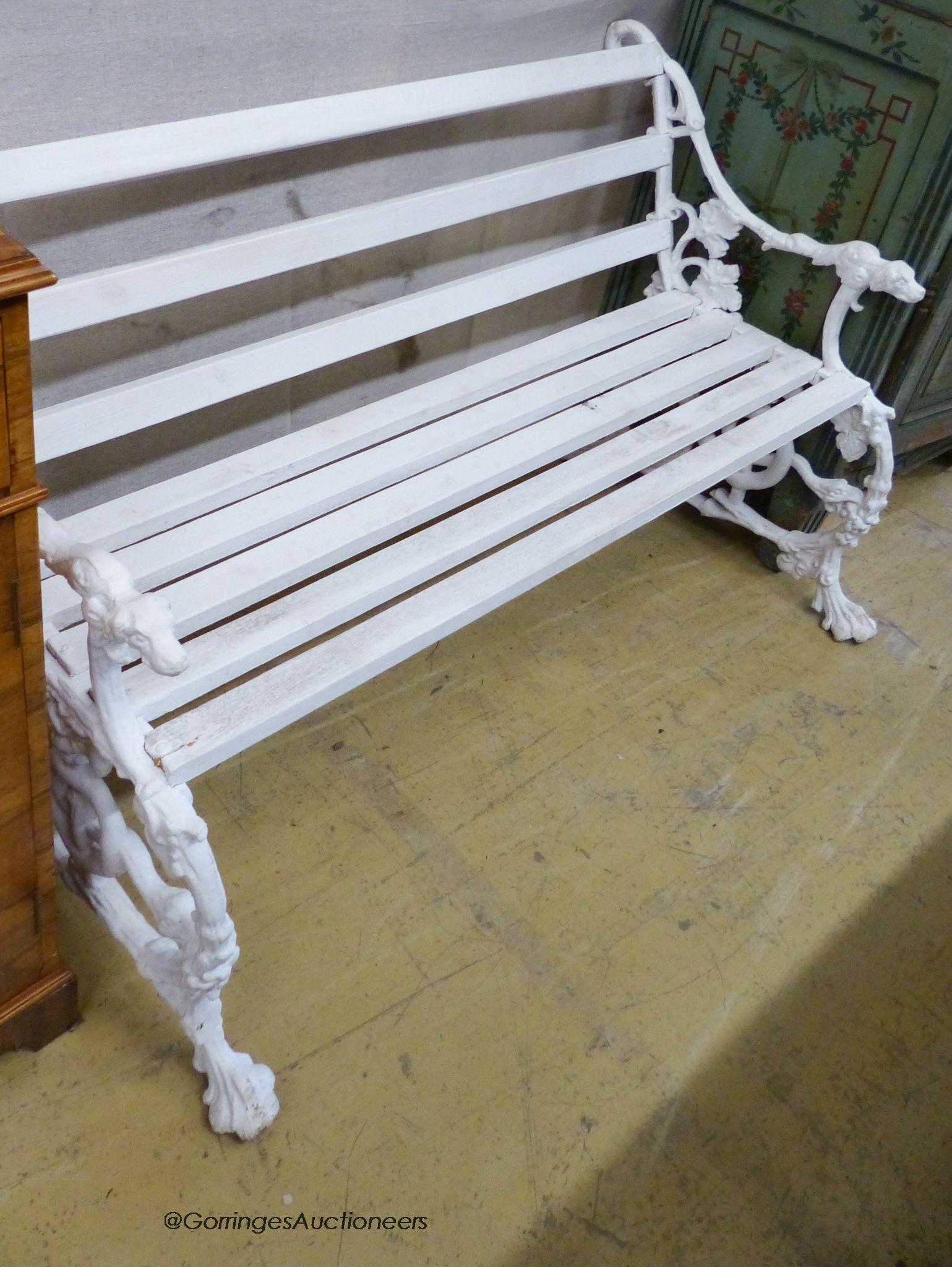 A Victorian style painted cast aluminium slatted garden bench, (Bramley) Colebrook style, length 123cm, depth 64cm, height 76cm